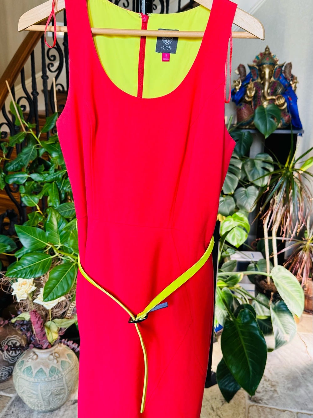 Vince Camuto Red Sheath Dress with Neon Yellow Trim